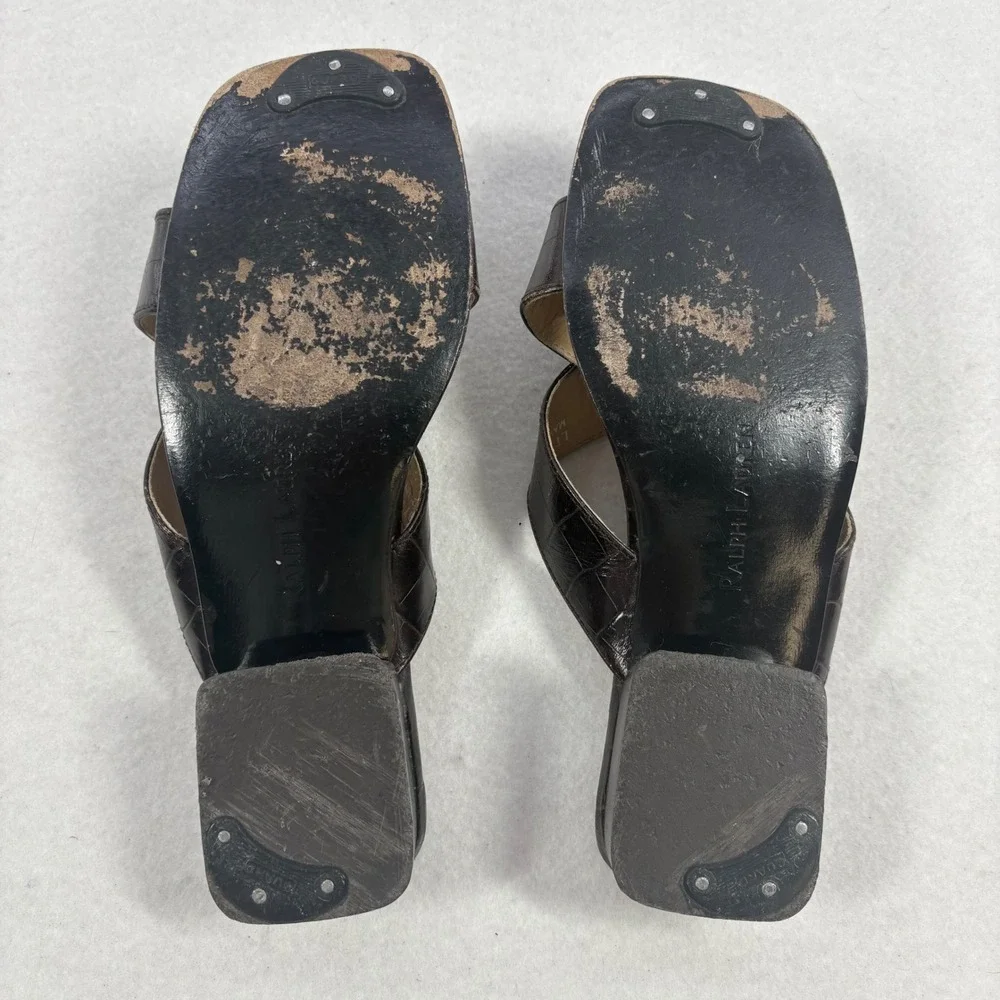 VTG Y2K Ralph Lauren Slide Sandals Women 6.5B Brown Croc Embossed Mule Old Money